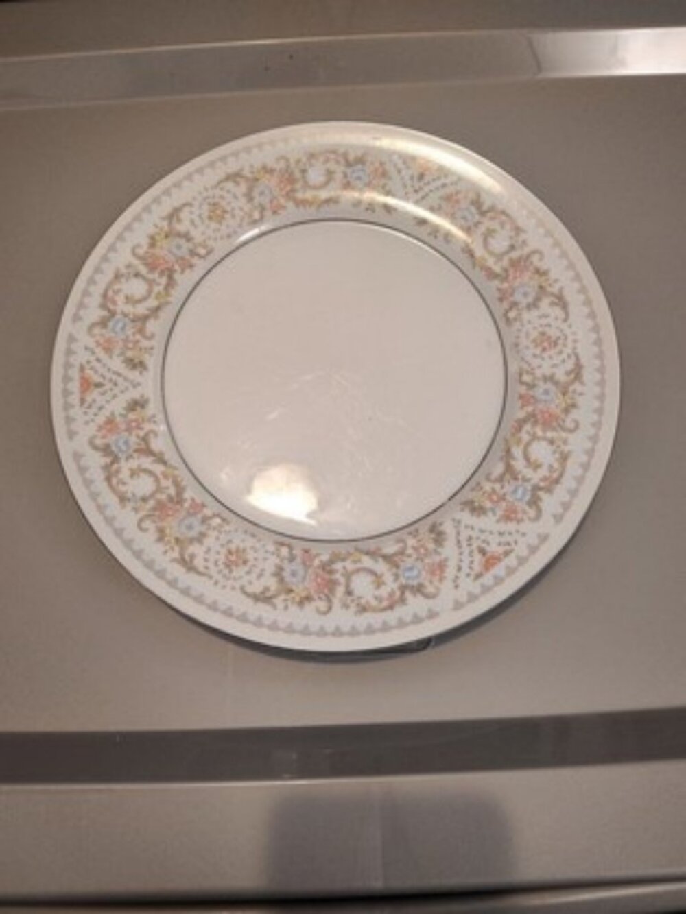 10.5" Dinner Plate HP Pink, Dusted Blue On Lace Porcelain China With Silver